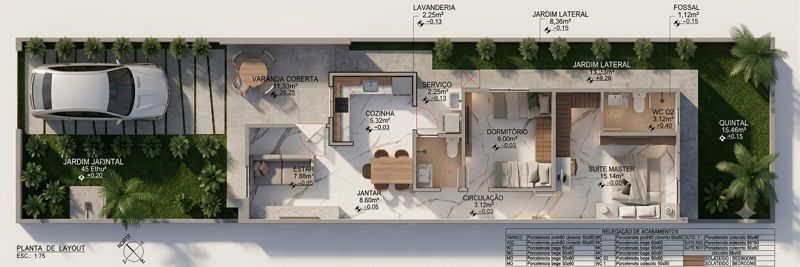Planta de layout das casas de 72,26 m² em Aquiraz: suíte master, dormitório, estar, jantar, cozinha, varanda coberta e quintal