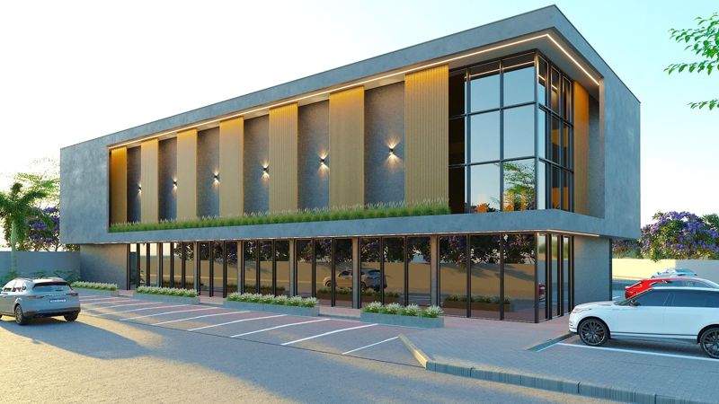 Perspectiva do Mall Jardins de Munique em Aquiraz — lojas no térreo e salas comerciais nos pavimentos superiores